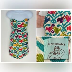 Judith March Strapless Love Birds Print Dress Size Large Colorful Aztec Boho‎